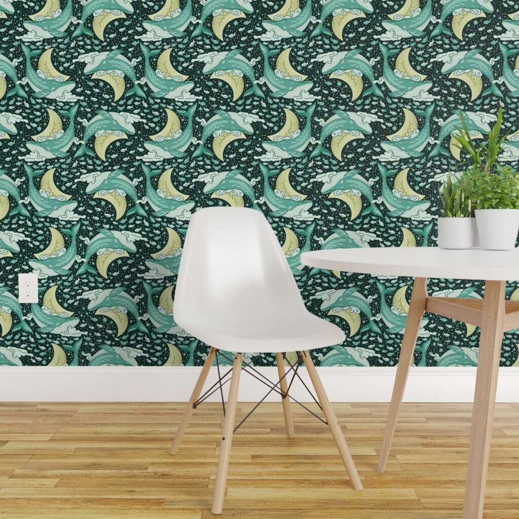 Pre-Pasted Wallpaper 2FT Wide Space Whales Ocean Nautical Animals Moon Galaxy Clouds Teal Celestial Whimsical Cosmos Crescent Custom Pre-pasted Wallpaper by Spoonflower