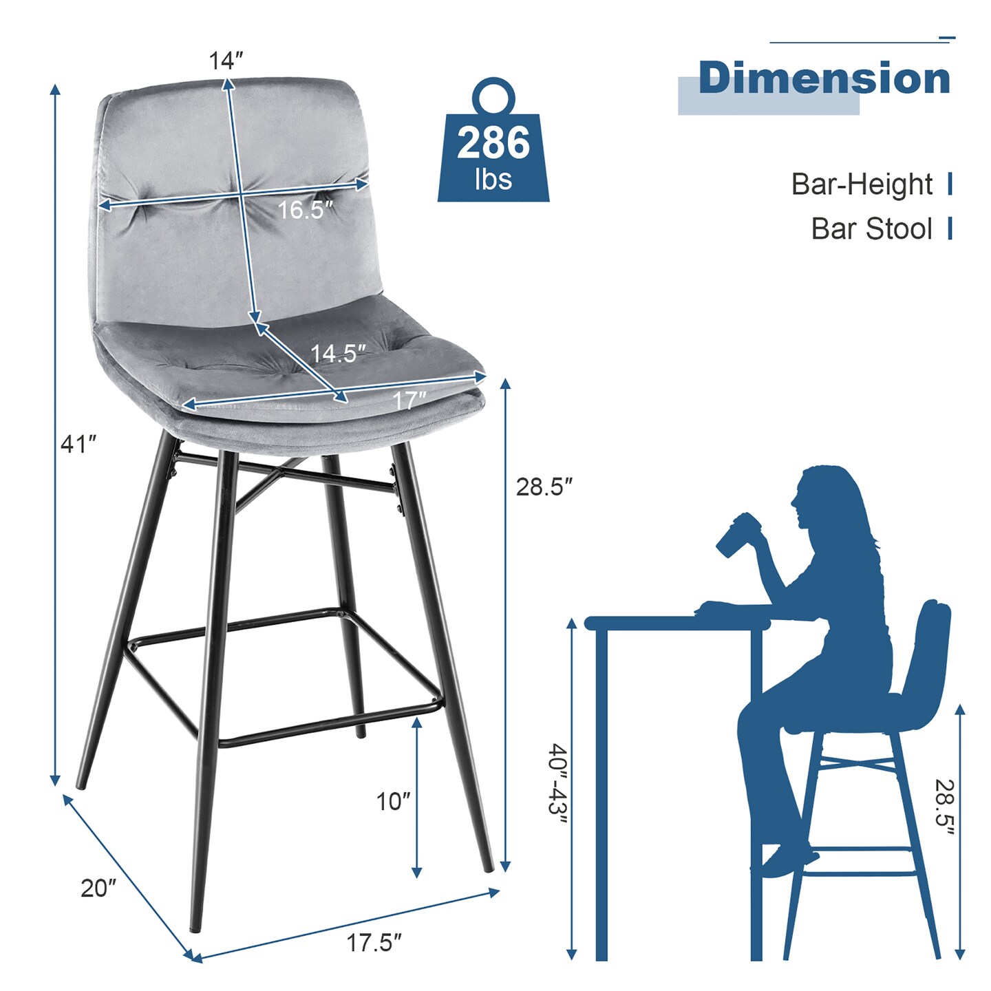 Costway Set of 2 Velvet Bar Stools Bar Height Kitchen Dining Chairs with Metal Legs Blue/Grey