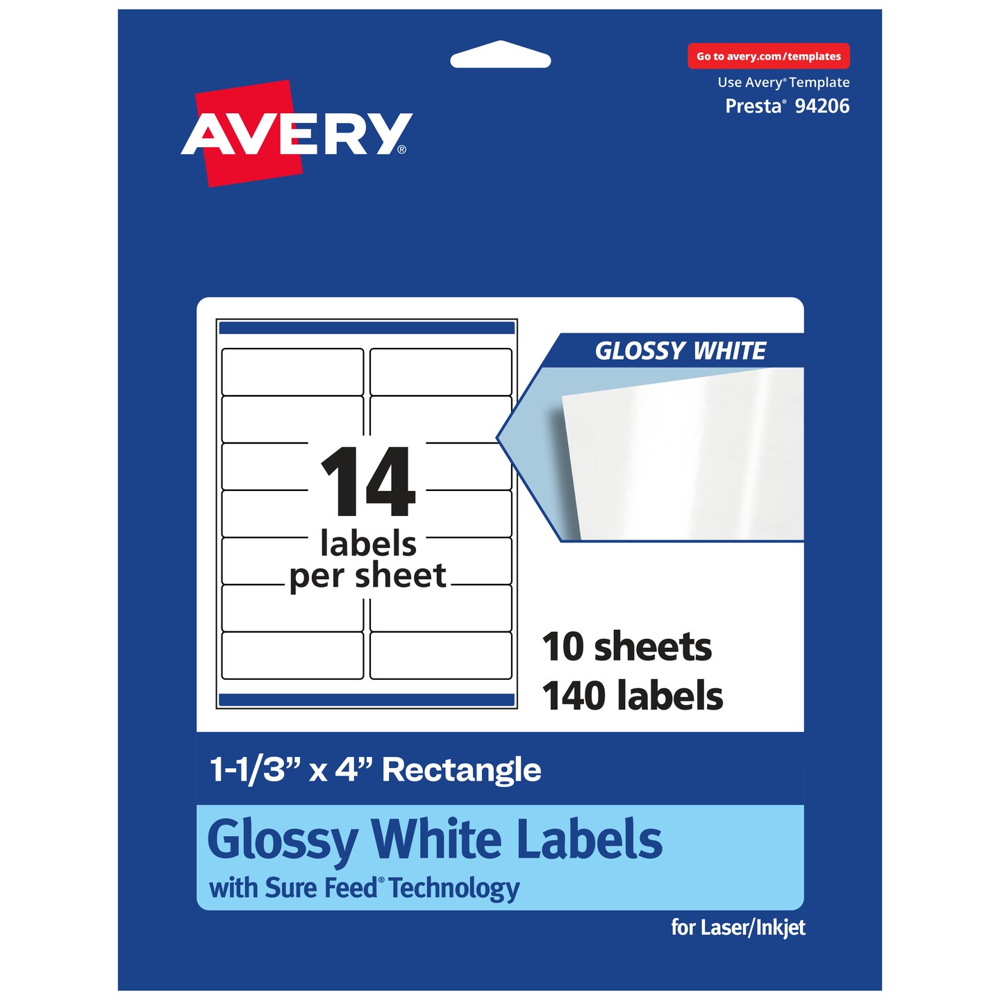 Avery Glossy White Rectangle Labels with Sure Feed, 1-1/3&#x22; x 4&#x22;