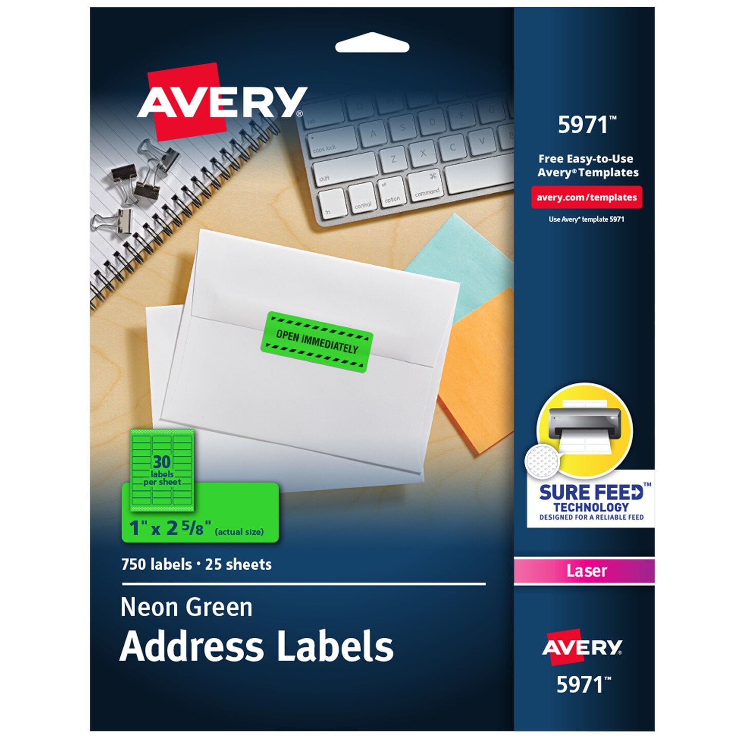 Avery Neon Address Labels with Sure Feed for Laser Printers, 1&#x22; x 2 5/8&#x22;, 750 Green Labels (5971)