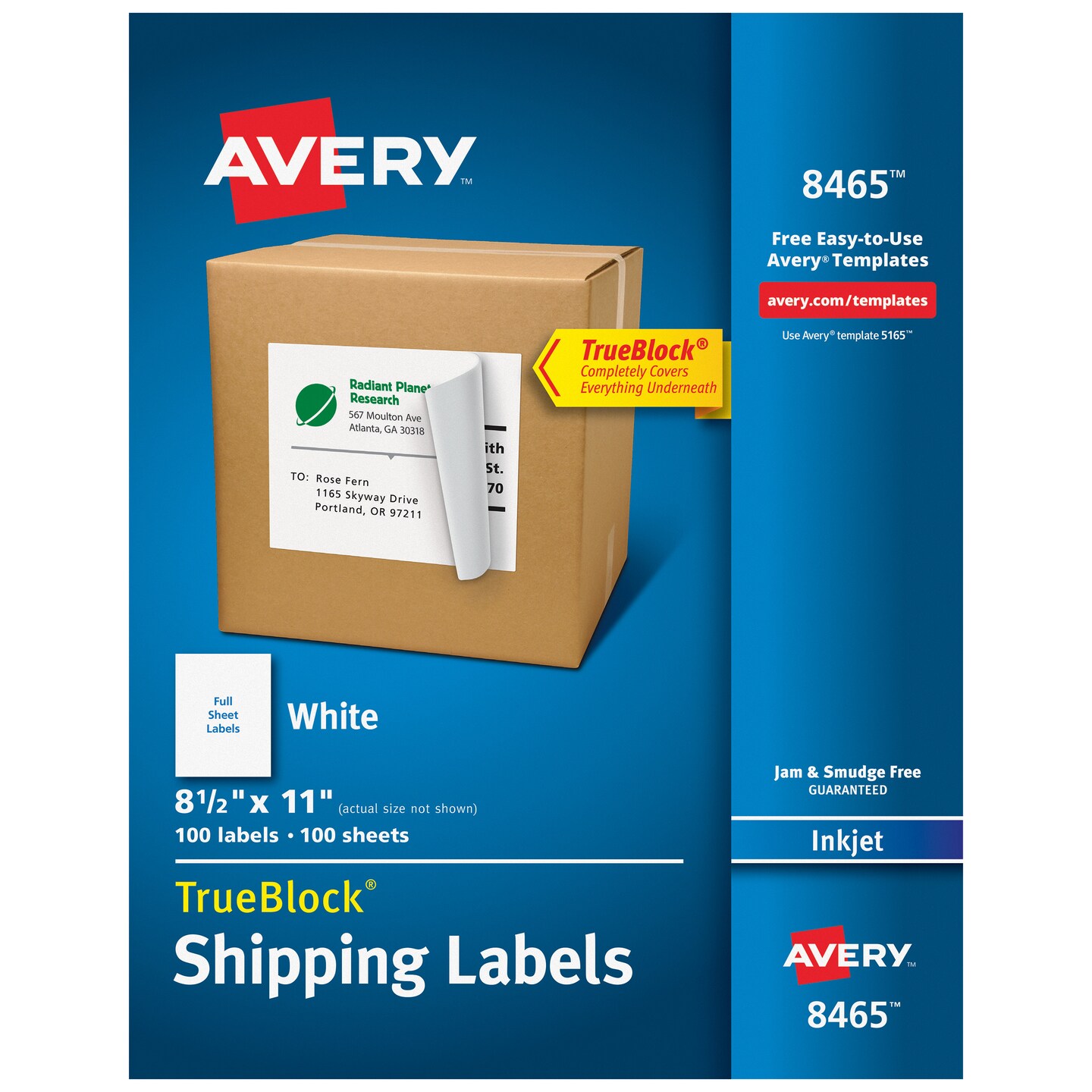 Avery Shipping Labels, TrueBlock Technology, Permanent Adhesive, 8-1/2&#x22; x 11&#x22;, 100 Labels (8465)