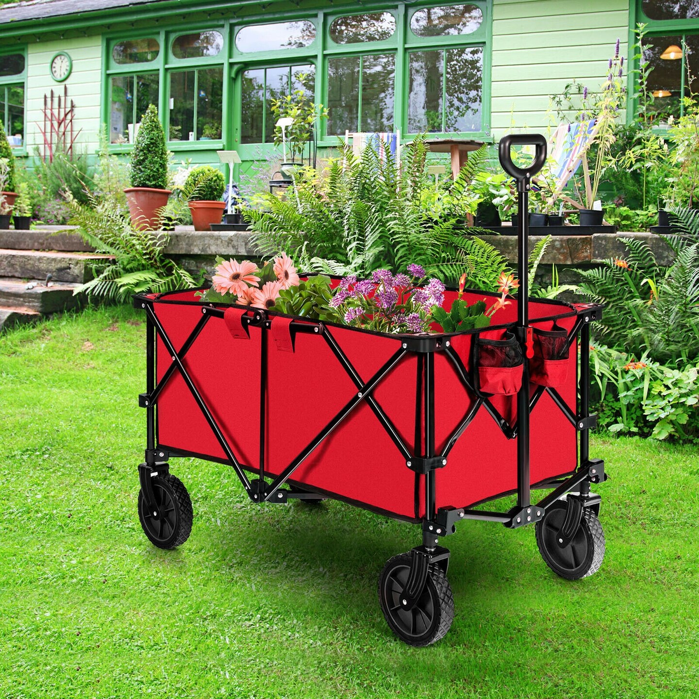 Outdoor Folding Utility Wagon Cart with Adjustable Handle and Cup Holder for All-Terrain Wheels
