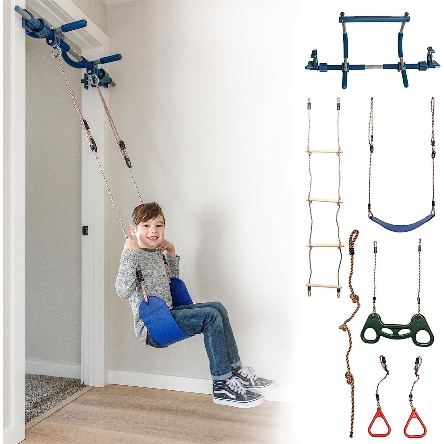 Gym1 6-Piece Doorway Gym for Kids, Includes Door Sensory Swing, Indoor Pull-Up Bar for Adults, Rings, Hanging Trapeze, Ladder &#x26; Knotted Rope, Holds Up to 300 Lbs