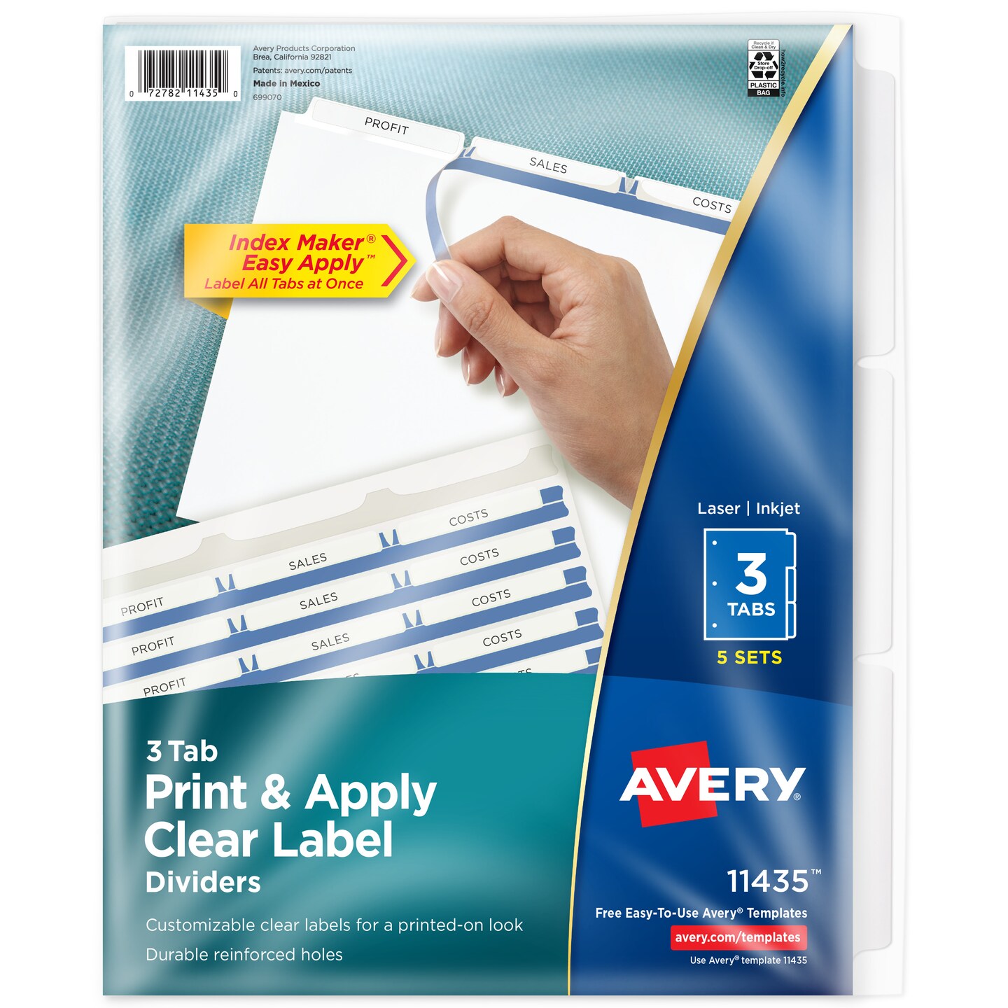 Avery 3-Tab Dividers for 3 Ring Binder, Easy Print & Apply Clear Label Strip, Index Maker Customizable White Tabs, 5 Sets (11435)