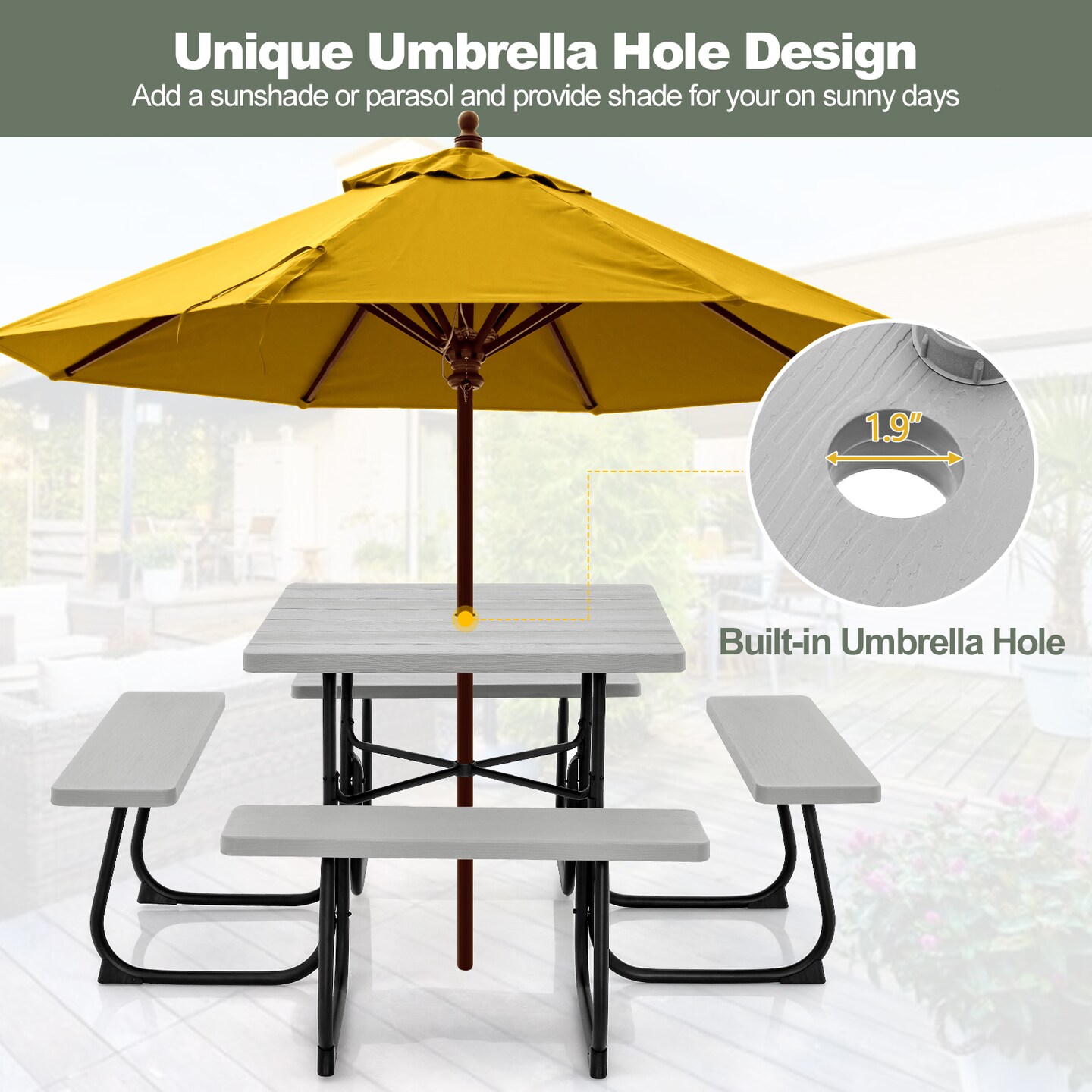 Outdoor Picnic Table With 4 Benches And Umbrella Hole