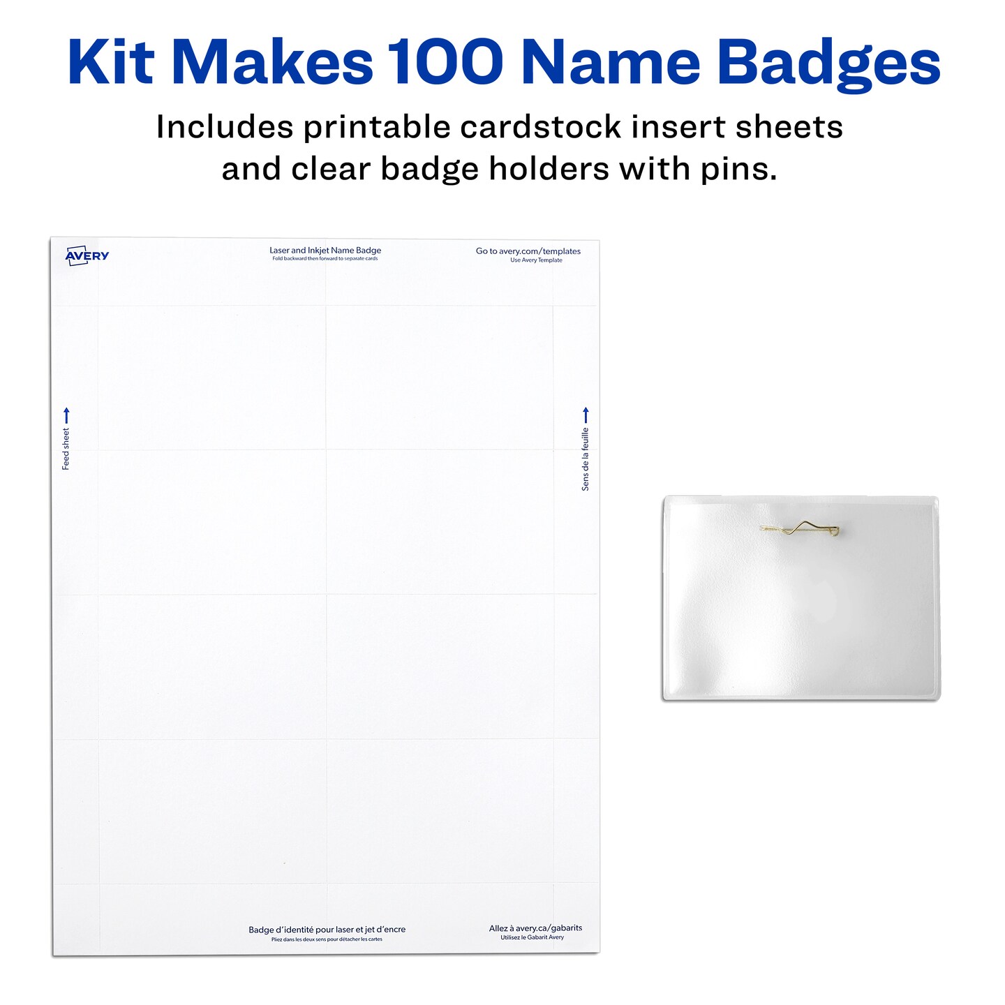 Avery Customizable Name Badges with Pins, 2.25" x 3.5", Clear Name Tag Holders with White Printable Inserts, 100 Pin Style Name Badges (74549)
