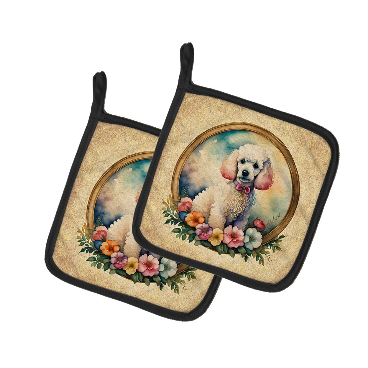 Caroline&#x27;s Treasures White Poodle and Flowers Pair of Pot Holders