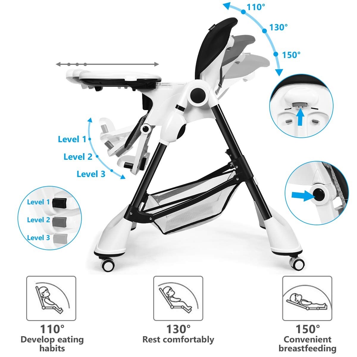 A-Shaped High Chair with 4 Lockable Wheels