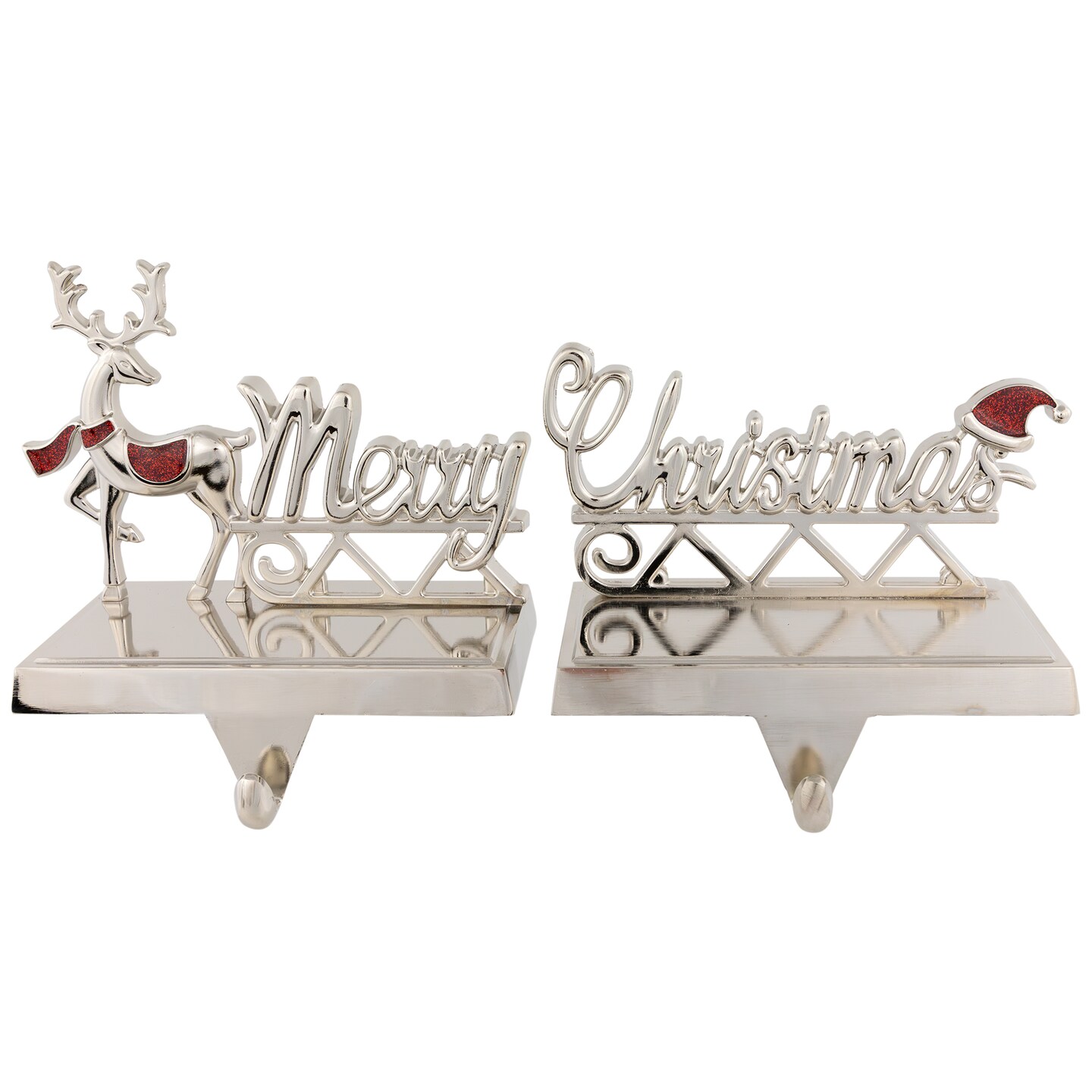 Northlight Set of 2 Silver Reindeer Merry Christmas Metal Stocking Holders 5.5&#x22;