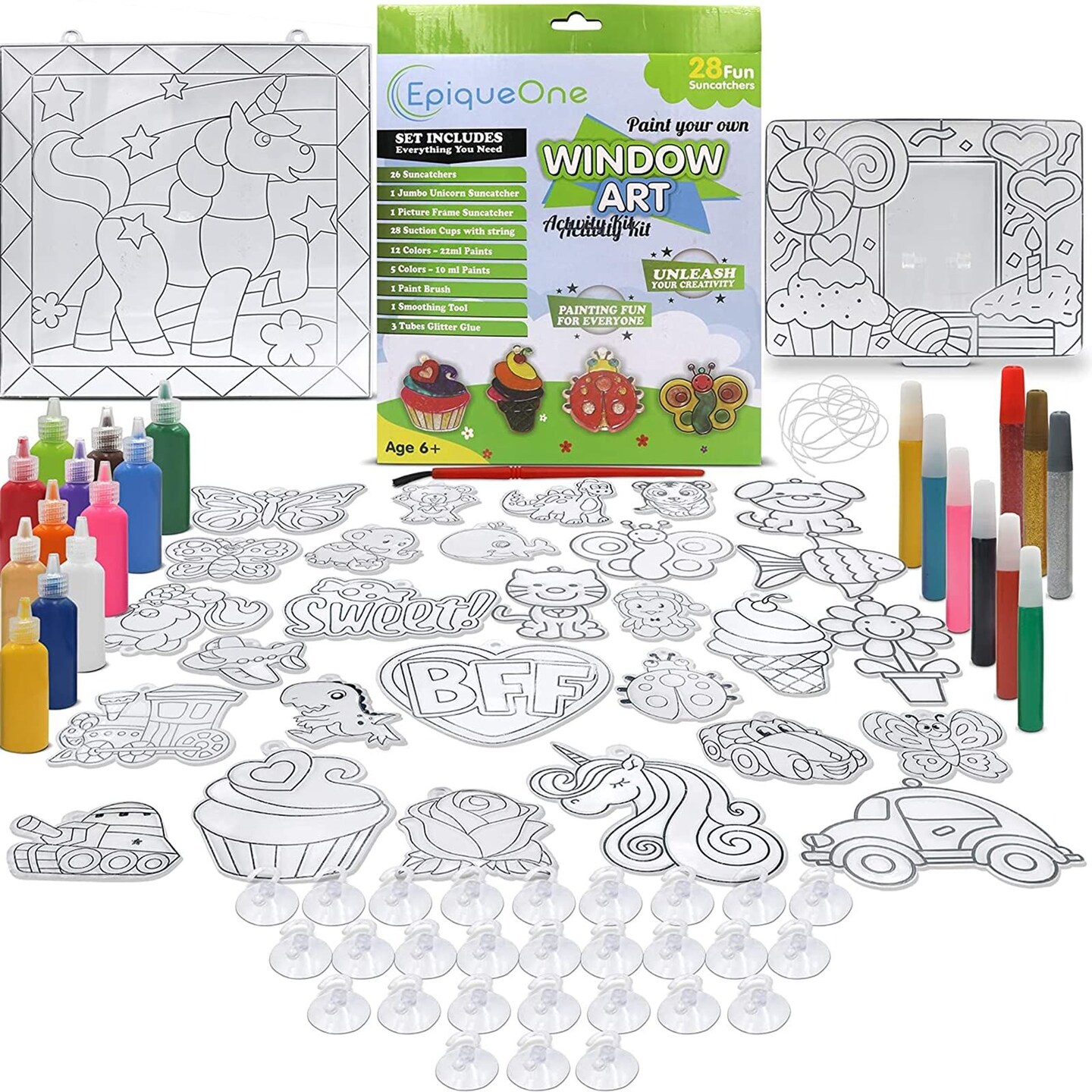 EpiqueOne Paint Your Own Suncatchers Kit for Kids &#x2013; Colorful DIY Stained Glass Window Kit &#x2013; Arts and Crafts Activity &#x2013; Includes 28 Pre-Made Suncatchers, Suction Cups, Paint and Glitter Glue