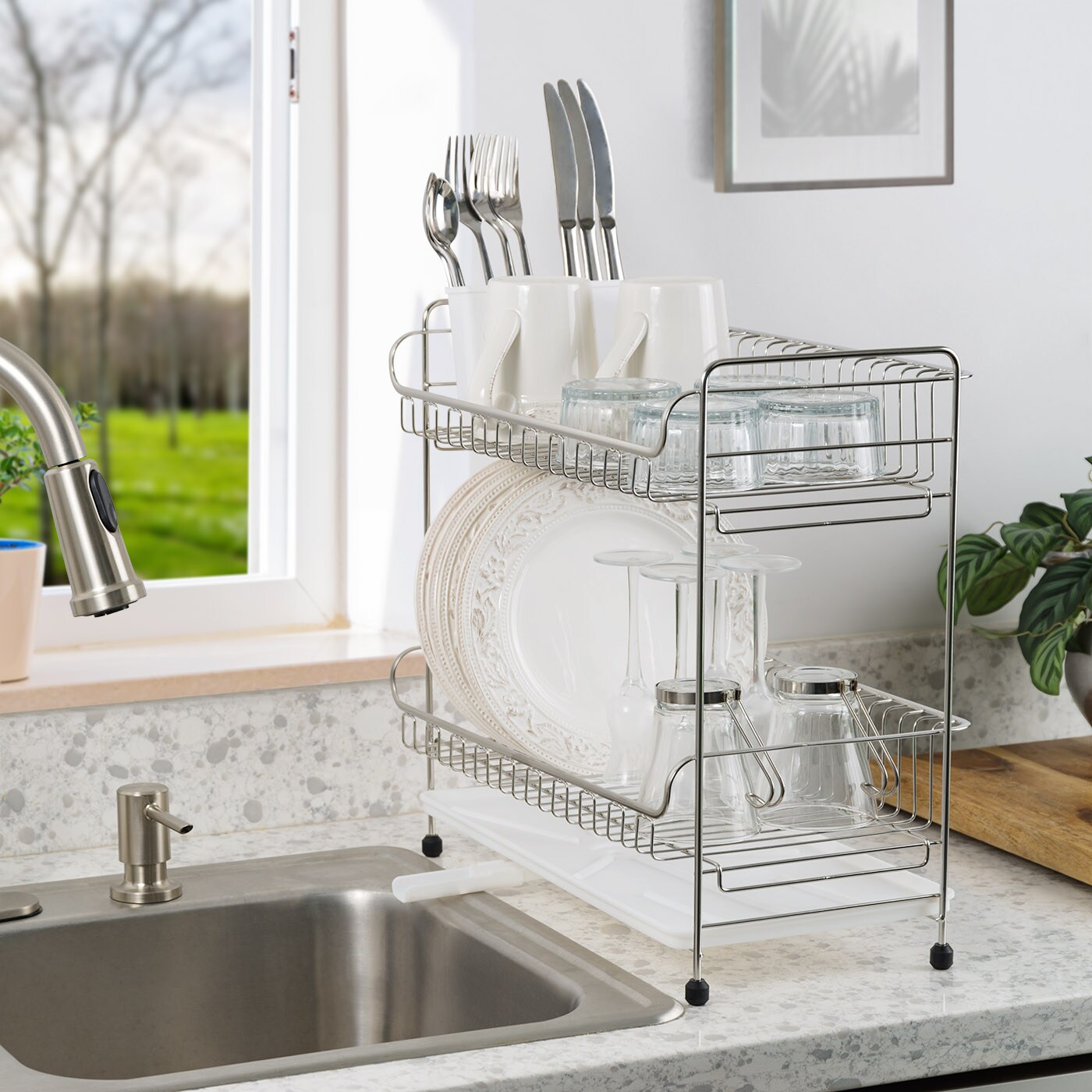 IRIS USA 2-tier Slim-sized Dish Rack with Drain Spout, Dish drying rack, dish drainer, White