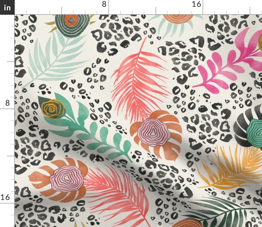Tropical Feathers Pink Green Yellow Peacock Leopard Large Scale Custom Printed Fabric by Spoonflower Various Fabrics by the Yard or Fat Quarter