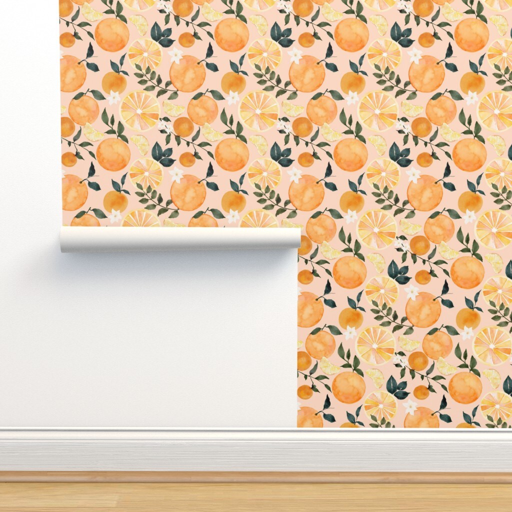 Watercolor Fruit Summer Orange Citrus Modern Botanical Small Scale Custom Removable Wallpaper by Spoonflower Peel & Stick Wallpaper 2FT Wide