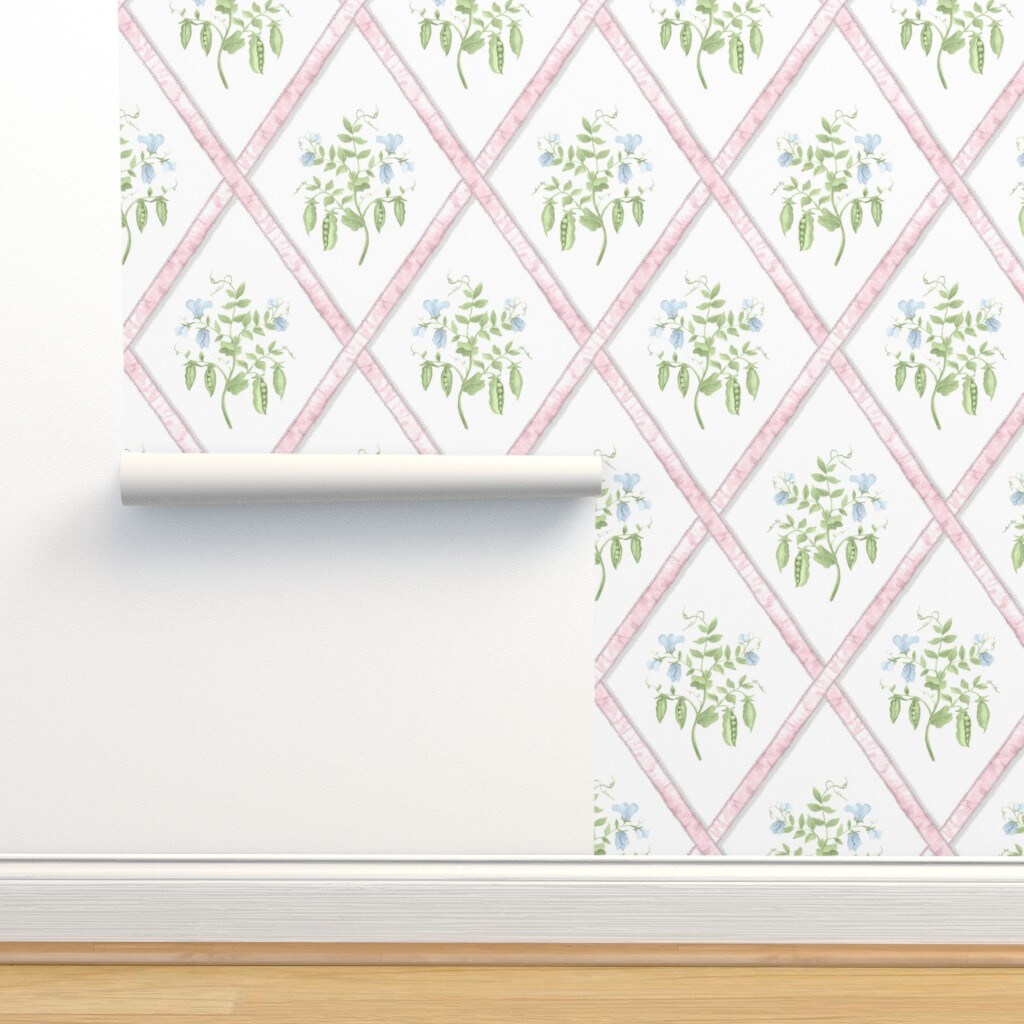 Pink Trellis Ribbons Sweet Pea Plant Blue Green Grandmillenial Custom Removable Wallpaper by Spoonflower Peel & Stick Wallpaper 2FT Wide