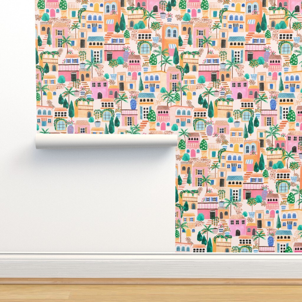 Pink Lake Seaside Palm Trees Houses Garden Tropical Italian Hand Painted Villa Adventure Plants Medium Scale Custom Removable Wallpaper by Spoonflower Peel & Stick Wallpaper 2FT Wide