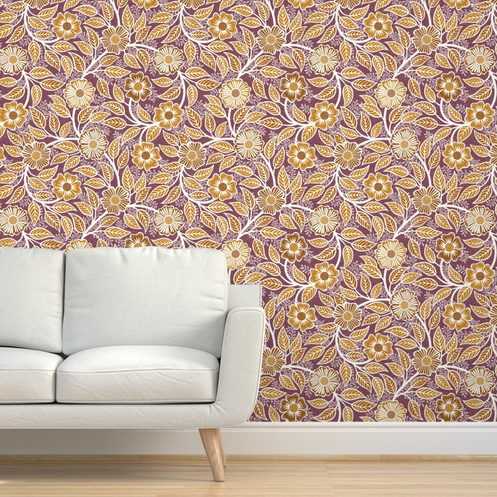 Peel &#x26; Stick Wallpaper 2FT Wide Yellow Wine Autumn Fall Floral Vintage Climbing Vines Victorian Bright Summer Large Scale Cottagecore French Country Farmhouse Art Nouveau Custom Removable Wallpaper by Spoonflower