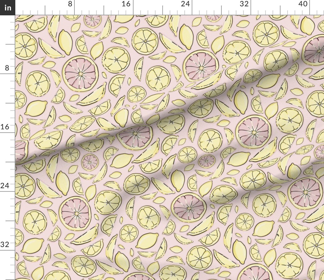 Citrus Pink Yellow Lemon Grapefruit Line Art Medium Scale Custom Printed Fabric by Spoonflower Various Fabrics by the Yard or Fat Quarter