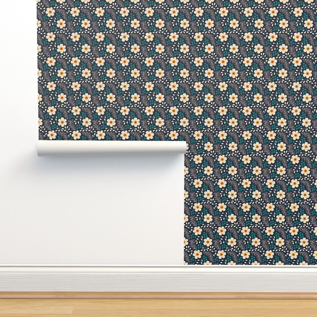 Blue Leaves Hand Drawn Garden Daisy Ditsy Meadow Boho Camomile Floral Botanical Modern Cottage Cottagecore Small Scale Custom Pre-pasted Wallpaper by Spoonflower Pre-Pasted Wallpaper 2FT Wide