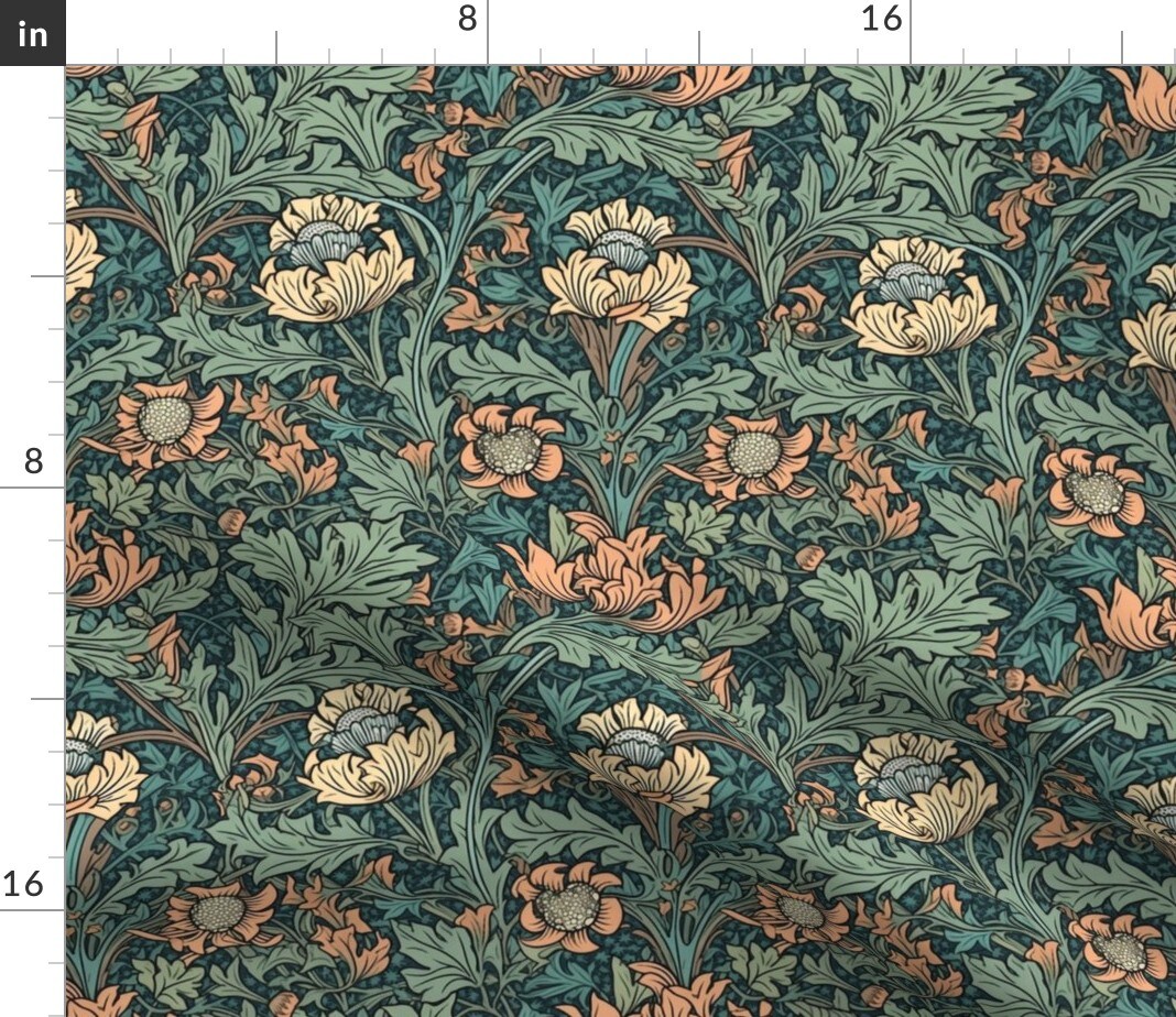 William Morris Green Yellow Botanical Flowers Victorian Damask Custom Printed Fabric by Spoonflower Various Fabrics by the Yard or Fat Quarter