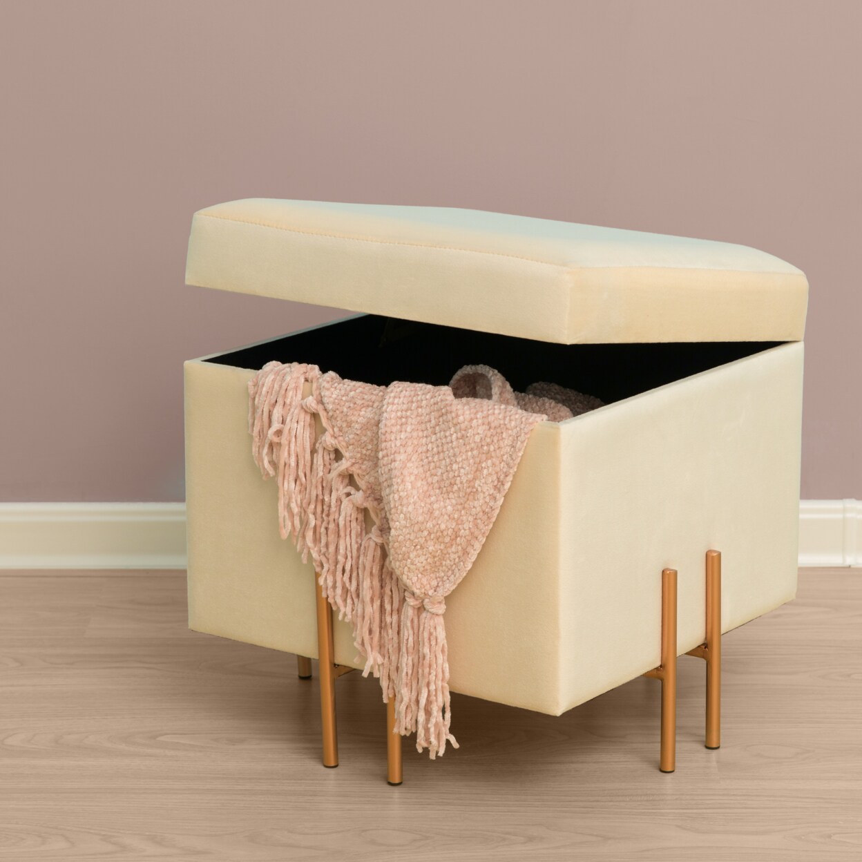 Square Velvet Storage Ottoman Rose Gold Legs 16In Comfy Seat And Storage