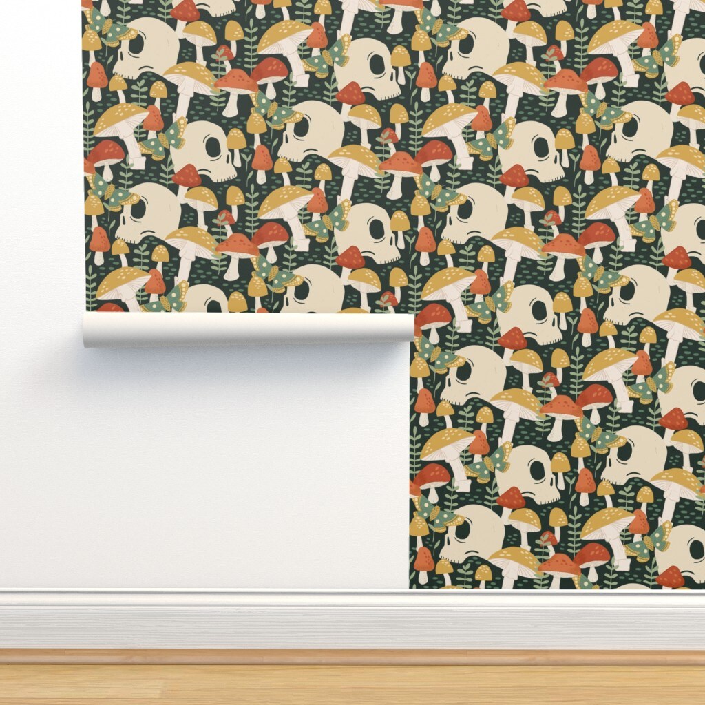 Red Yellow Butterfly Woodland Gothic Skulls Moth Small Scale Custom Removable Wallpaper by Spoonflower Peel & Stick Wallpaper 2FT Wide