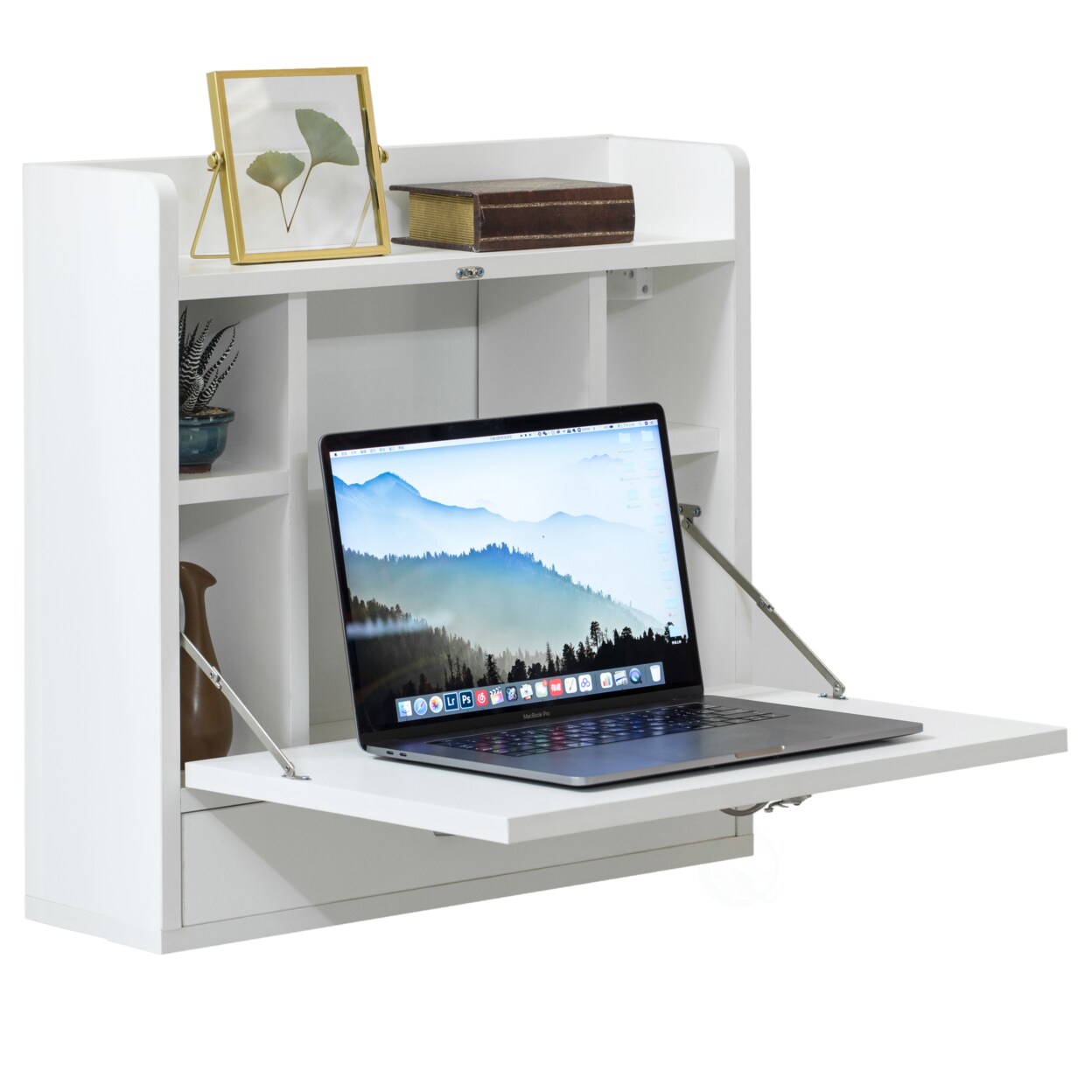 Wall Mount Folding Laptop Desk With Storage Shelves And Drawer Space Saver 6.75"W
