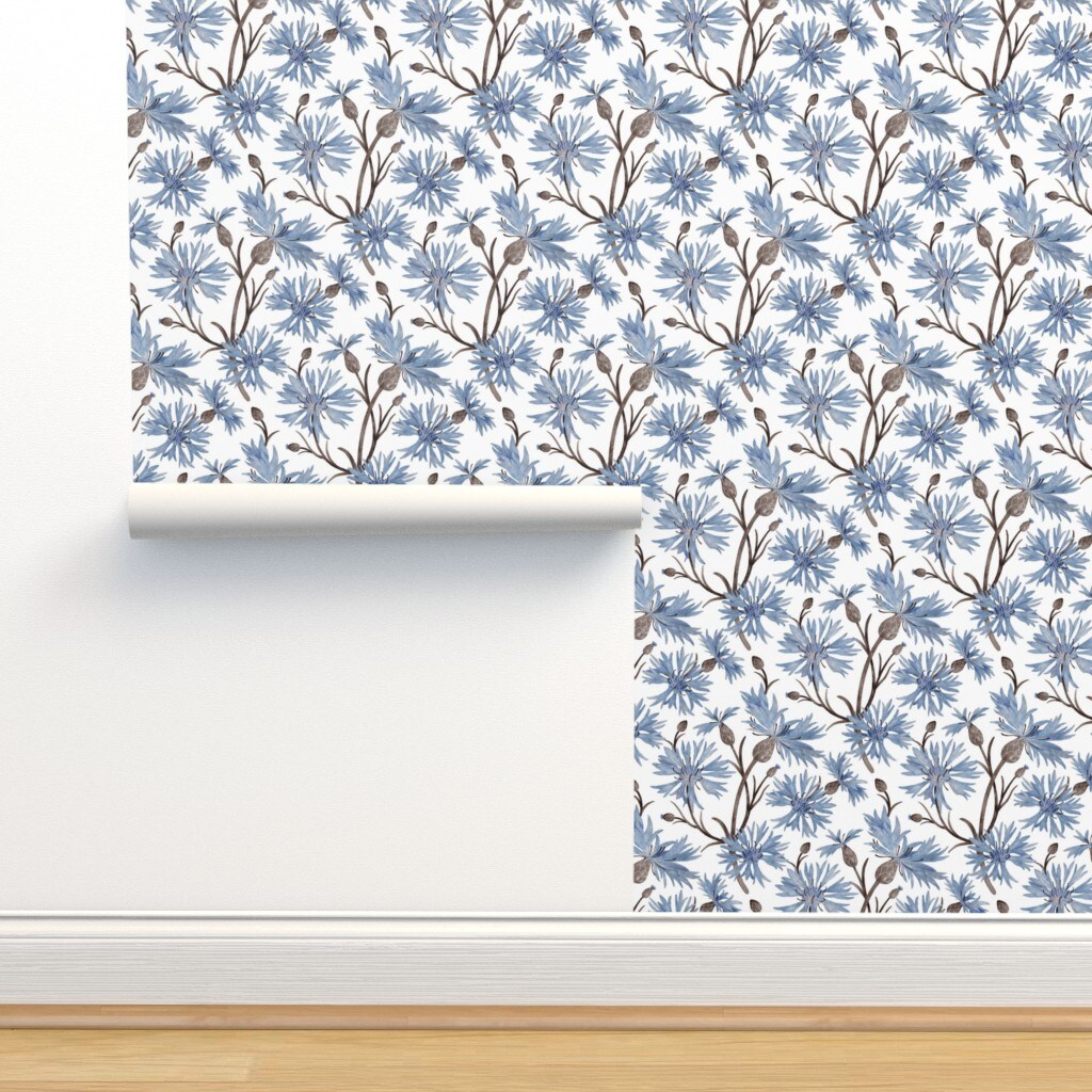 Summer Floral Cornflower Blue Botanical Nature Scandinavian Watercolor Custom Removable Wallpaper by Spoonflower Peel & Stick Wallpaper 2FT Wide
