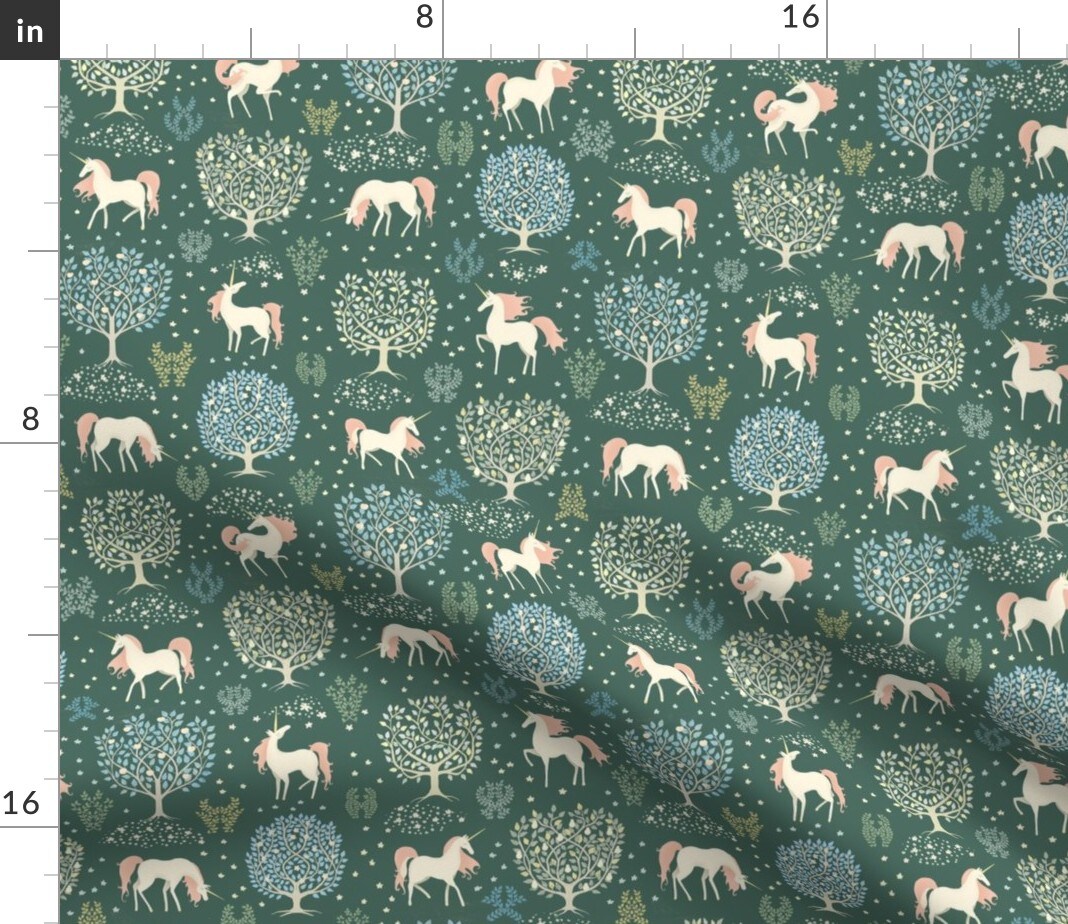 Green Forest Trees Fantasy Princess Woods Renaissance Unicorns Magical Tapestry Fairytale Mythic Small Scale Custom Printed Fabric by Spoonflower Various Fabrics by the Yard or Fat Quarter