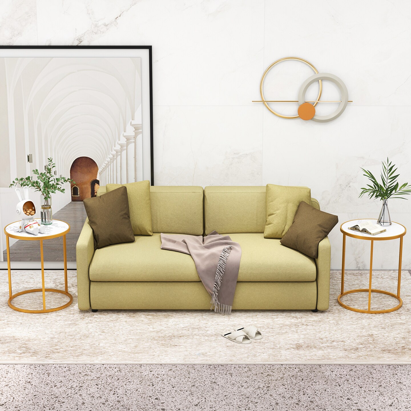 Marble Top Round Side Table 16-inch End Table With Golden Metal Frame-2 Pieces