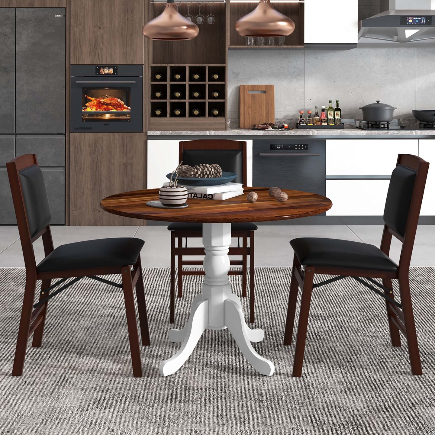 Costway Rustic Dining Table Wooden Dining Table with Round Tabletop & Curved Trestle Legs Natural/Walnut/Black/White/White&Walnut/White&Natural