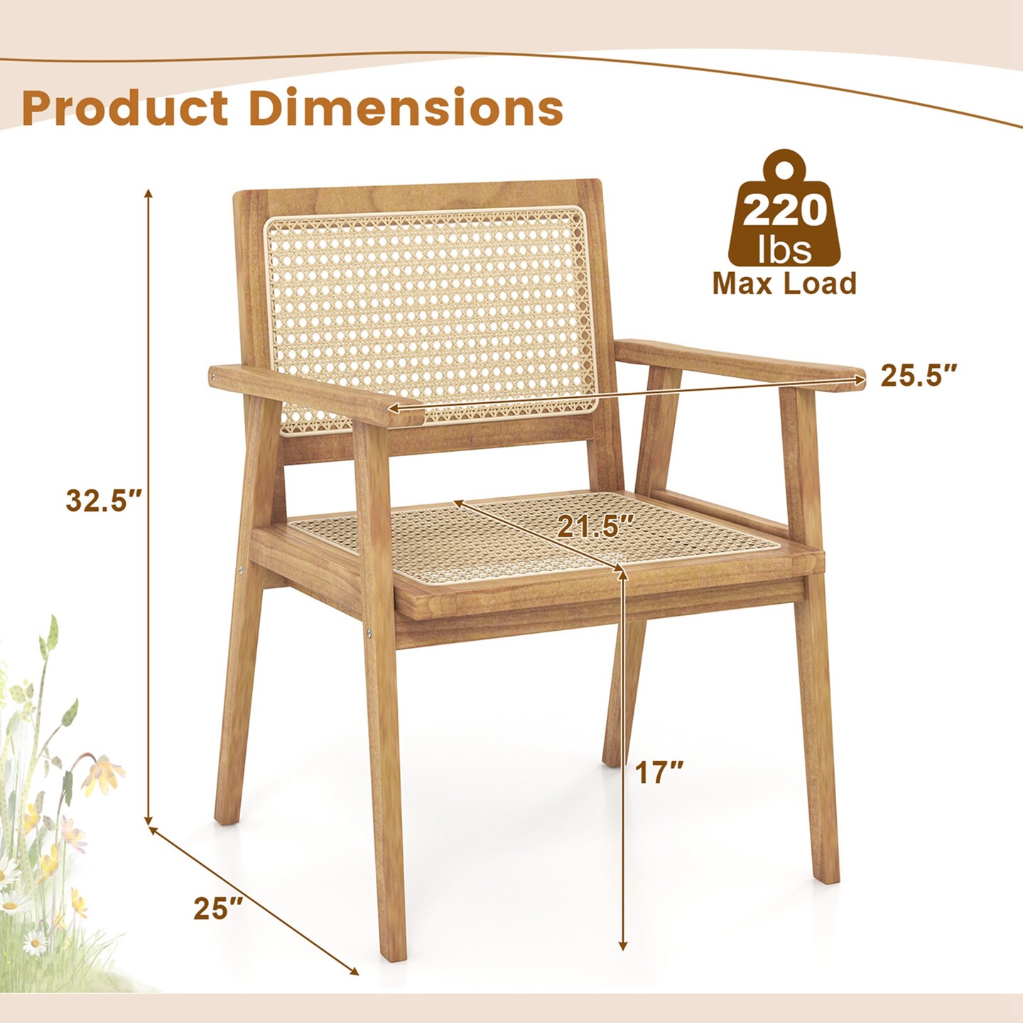 Costway 1/2 PCS Wood Chair Indonesia Teak Wood Armchair with Natural Rattan Seat &#x26; Back Patio Chair for Porch