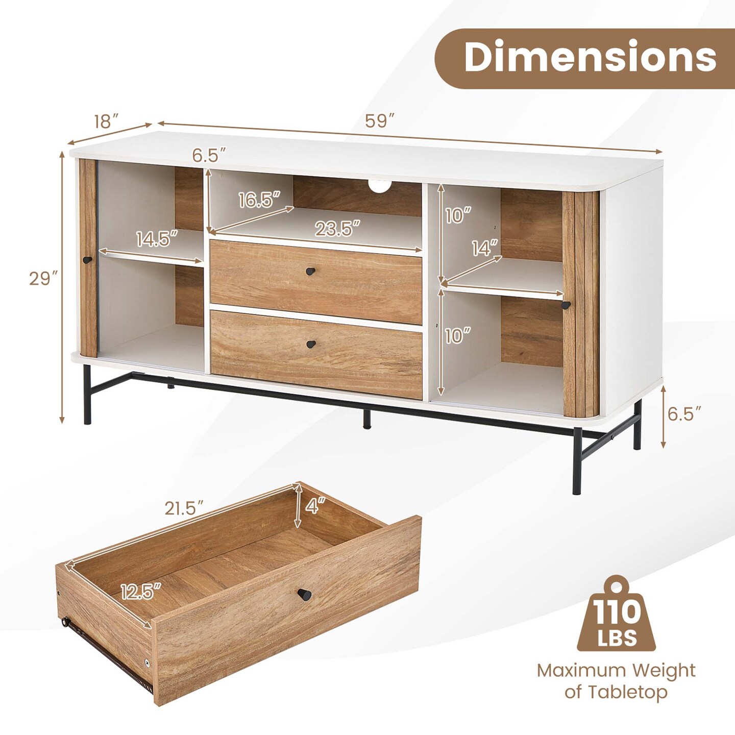 Costway Buffet Sideboard Versatile TV Stand with Sliding Tambour Doors & 2 Storage Drawers