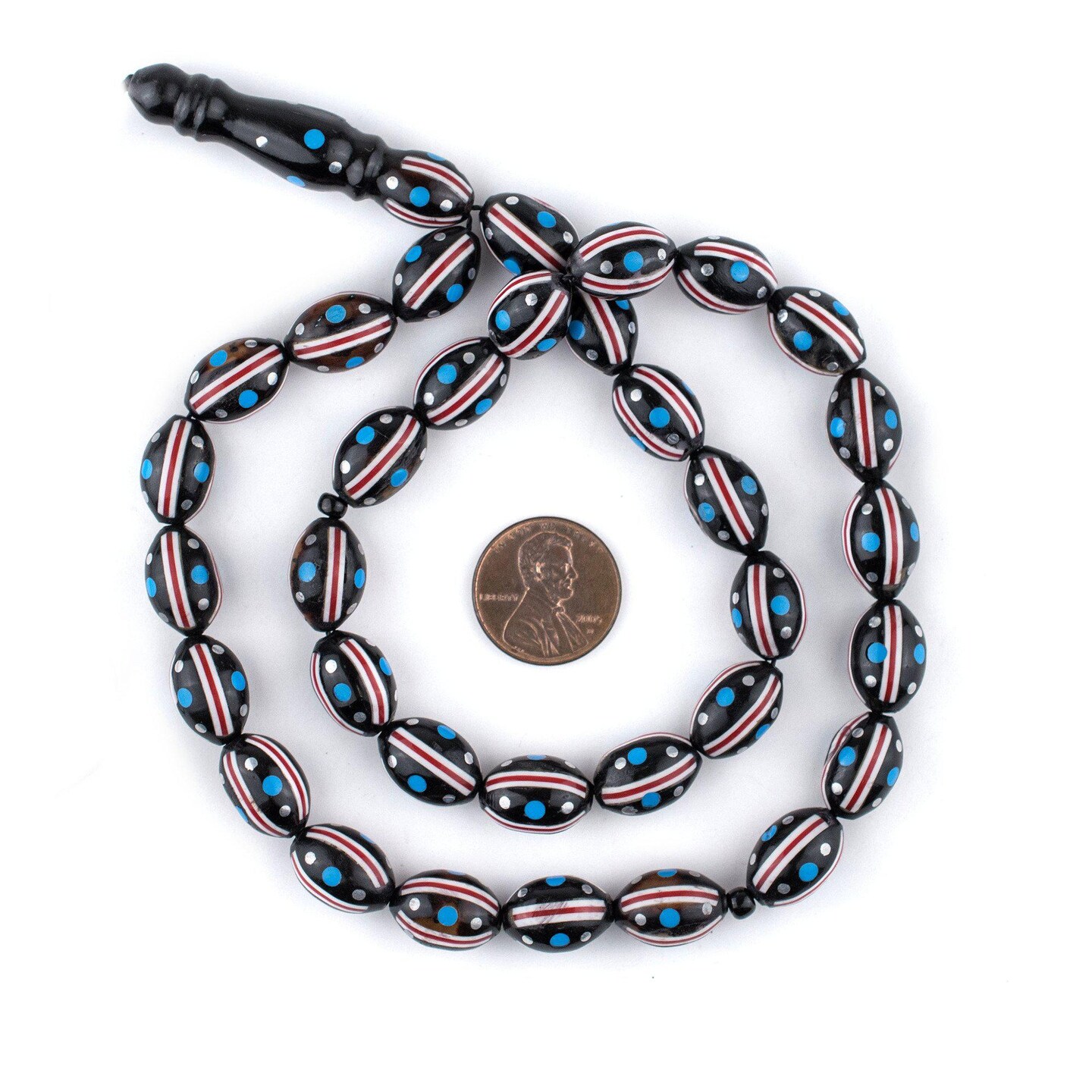 33 Red, White & Blue Inlaid Arabian Prayer Beads (14x9mm), Islamic Tasbih, Ramadan Gift, Quality Middle Eastern Beads - The Bead Chest