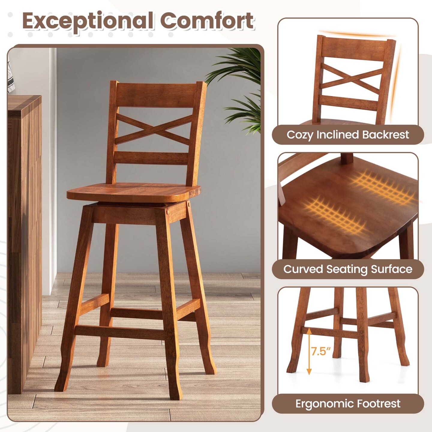Costway 2 PCS 24"/30" Counter/Bar Height Stool Rubber Wood Swivel Bar Stool with Inclined Backrest Walnut