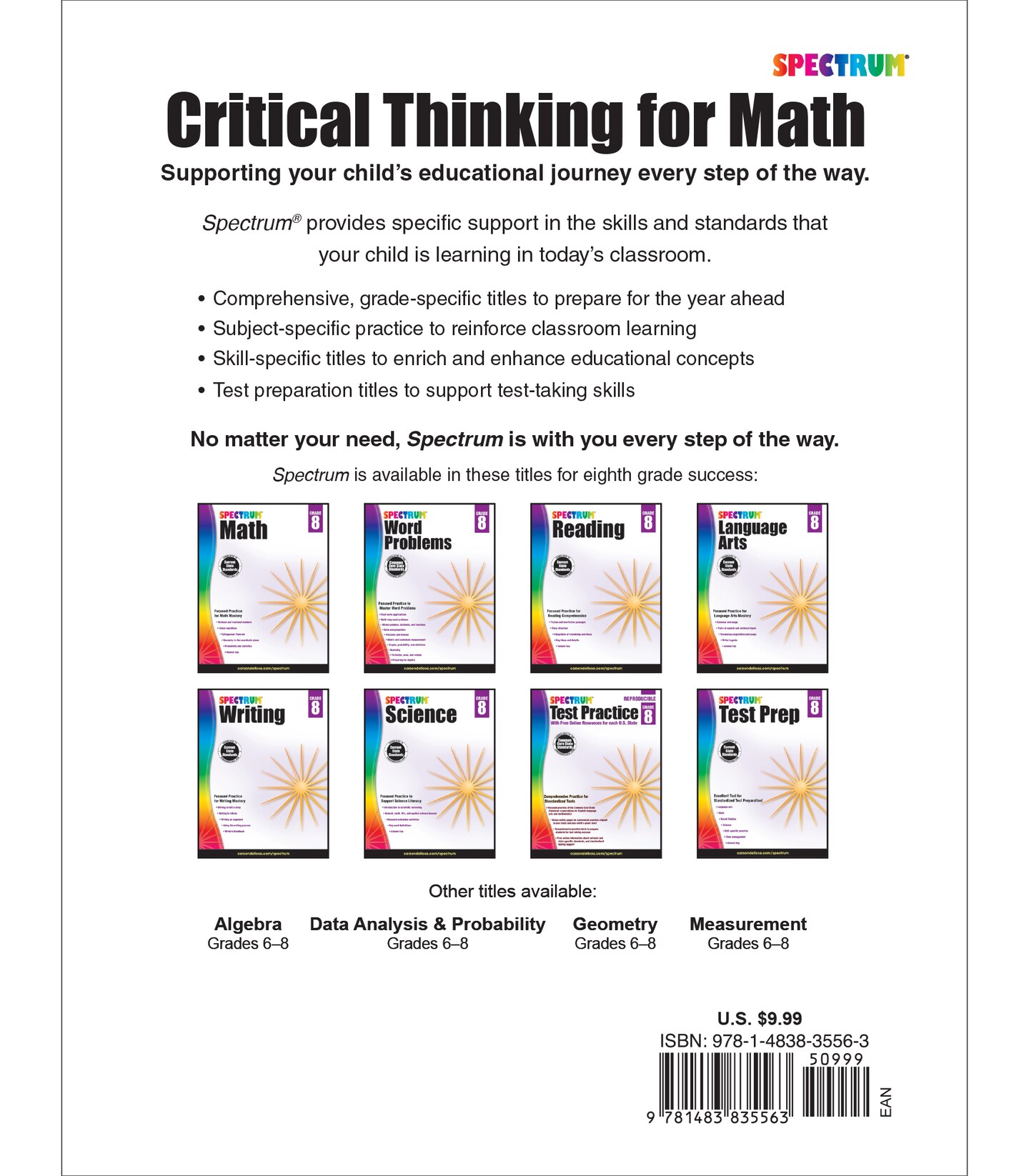 Spectrum Grade 8 Critical Thinking for Math Workbook, Mathematics Middle School Books Covering Geometry, Pythagorean Theorem, Linear Equations, and More, Classroom or Homeschool Curriculum