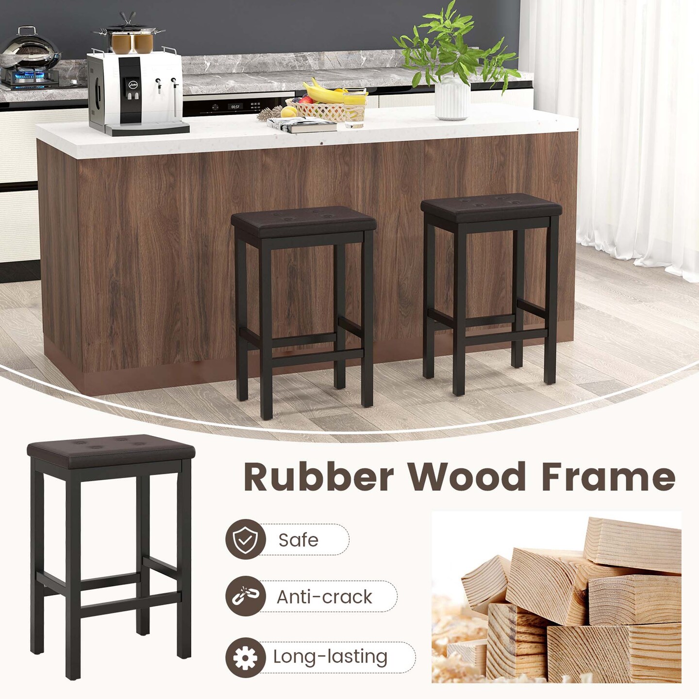 Costway Set of 2 Rubber Wood Bar Stools 24&#x22; Counter Height Stool with Padded Seat, Footrest Brown &#x26; Black/Gray &#x26; White