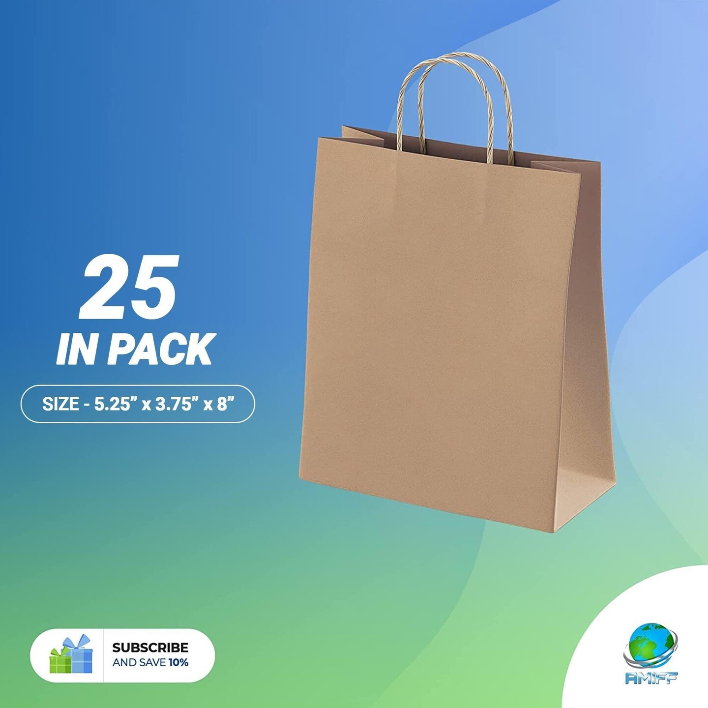 Amiff Brown Shopping Bags 5.25 x 3.75 x 8 Pack of 25 Brown Paper Bags with Handles Bulk 150 GSM Brown Gift Bags with Handles Bulk Brown Bags with Handles Bulk Brown Kraft Bags with Handles