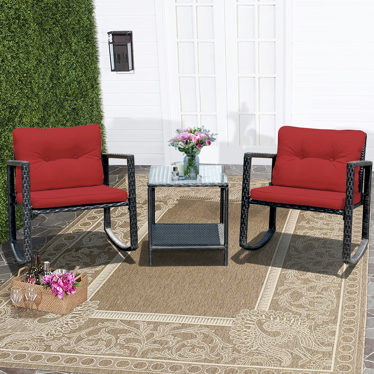 Costway 3-Piece Patio Wicker Bistro Furniture Set w/ 2 Rocking Chairs, Glass Side Table, Cushions Red/Beige