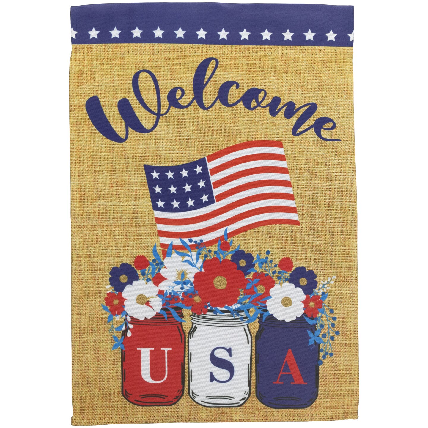 Northlight Floral Mason Jars &#x22;Welcome&#x22; USA Flag Patriotic Outdoor Garden Flag - 18&#x22; x 12.5&#x22;