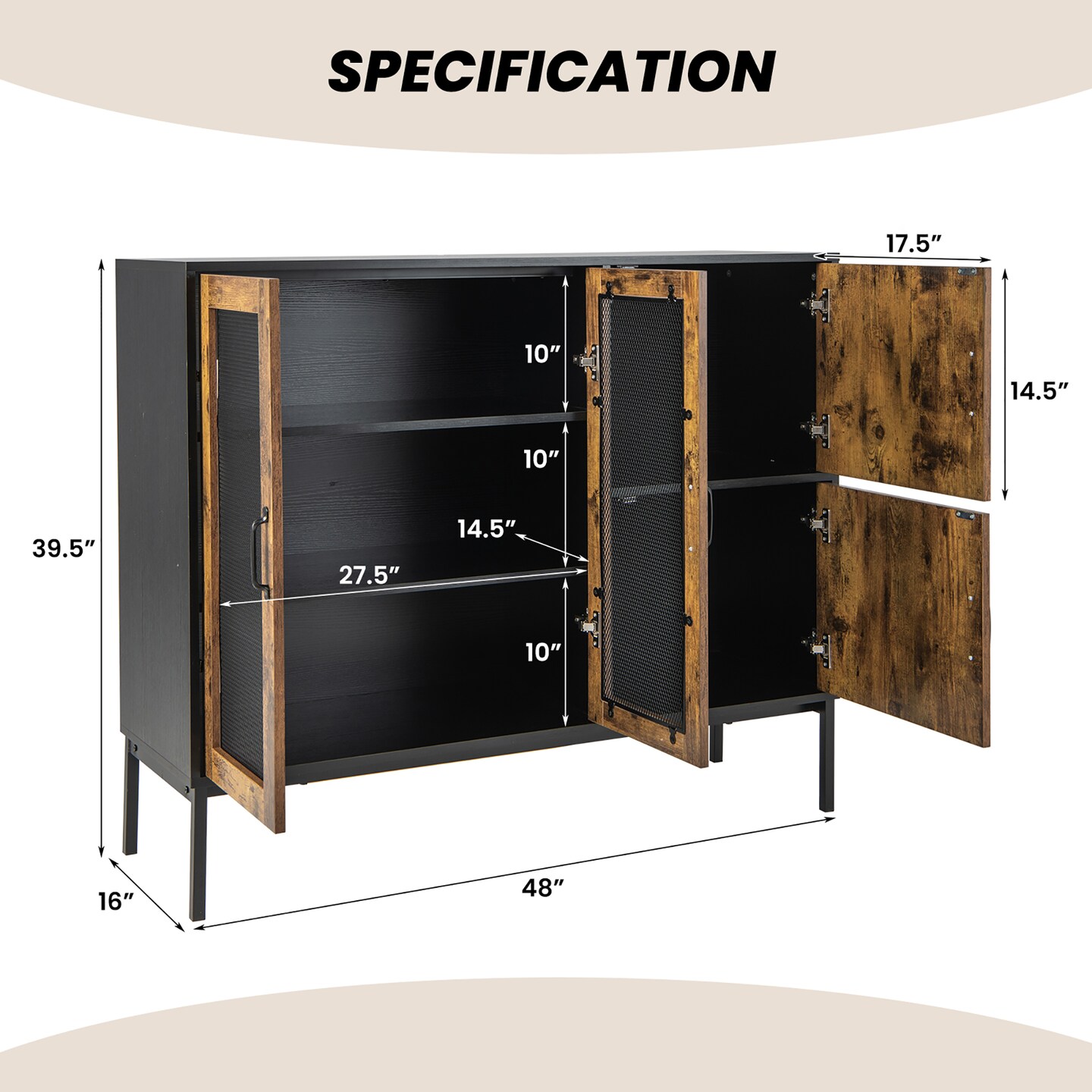 Costway Farmhouse Buffet Sideboard Console Table Cupboard with Metal Mesh Doors & Cabinets
