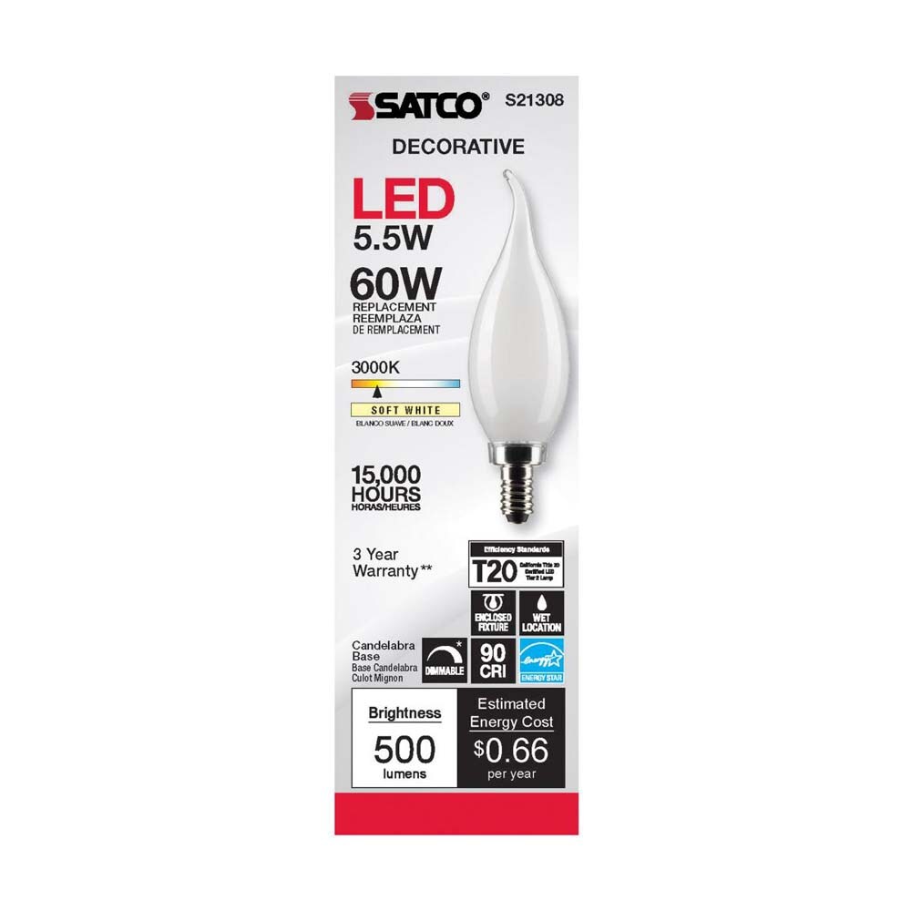 6Pk- Satco 5.5w CA10 LED 3000K Candelabra Base Frosted Dimmable - 60w equiv