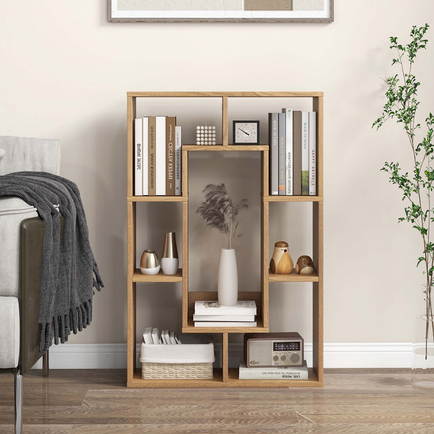 Costway 7-Cube Geometric Bookshelf with Anti-Toppling Device Modern Open Bookcase White/Black/Oak/Rustic Brown/Natural/Grey