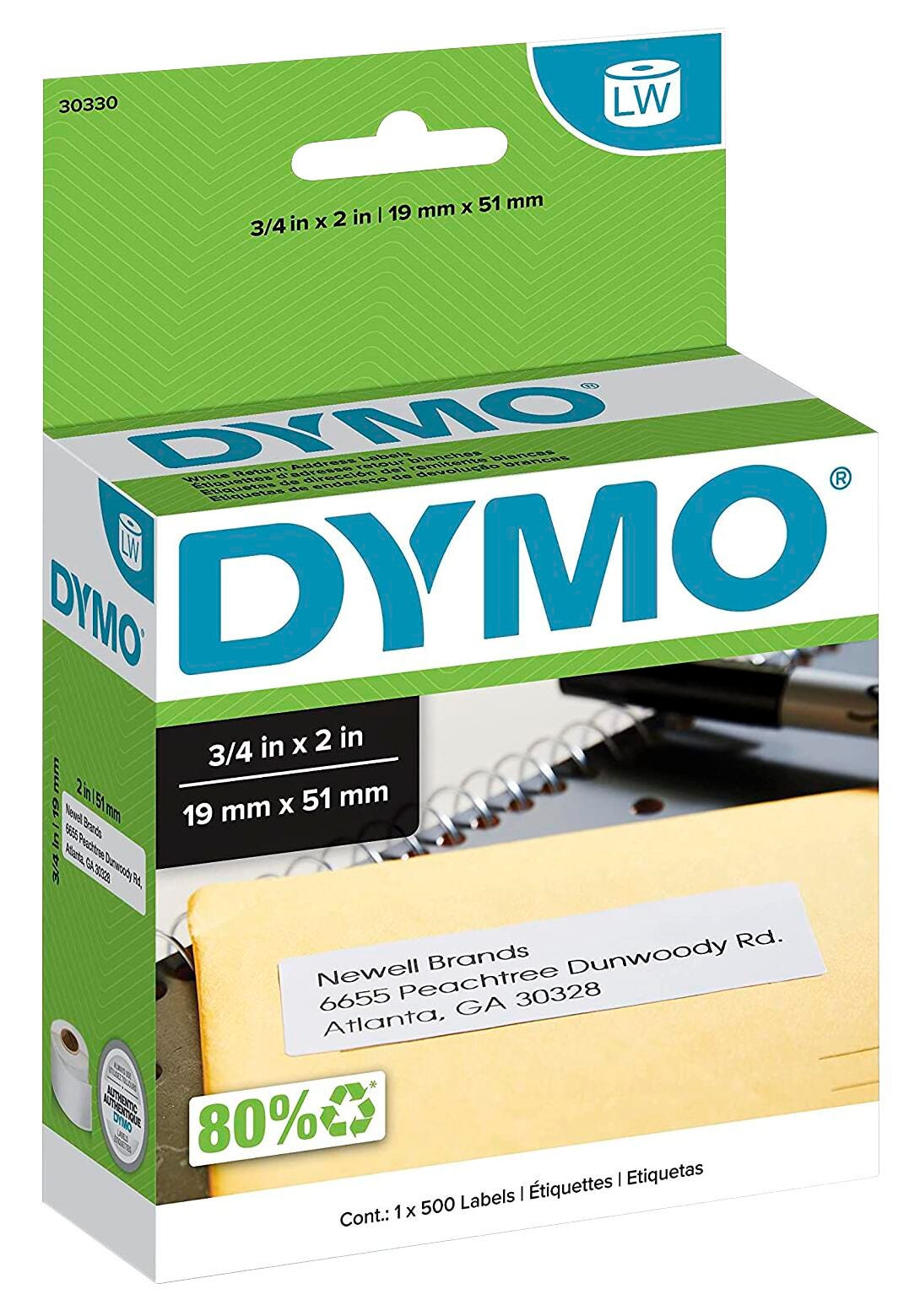 DYMO LabelWriter Return Address Labels, 3/4 x 2 Inches, White, Roll of 500 Labels
