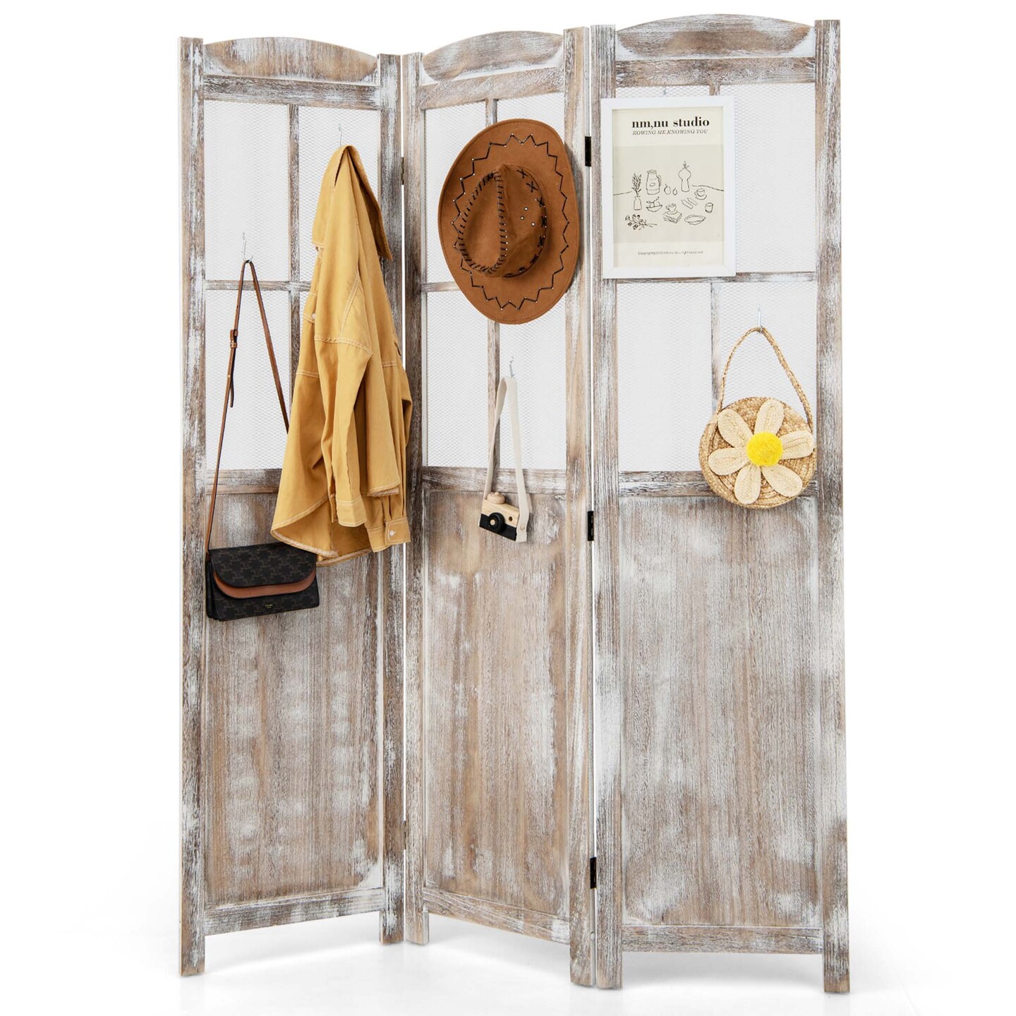 Costway 6FT Retro 3-Panel Room Divider Folding Privacy Screen Freestanding Wall Divider