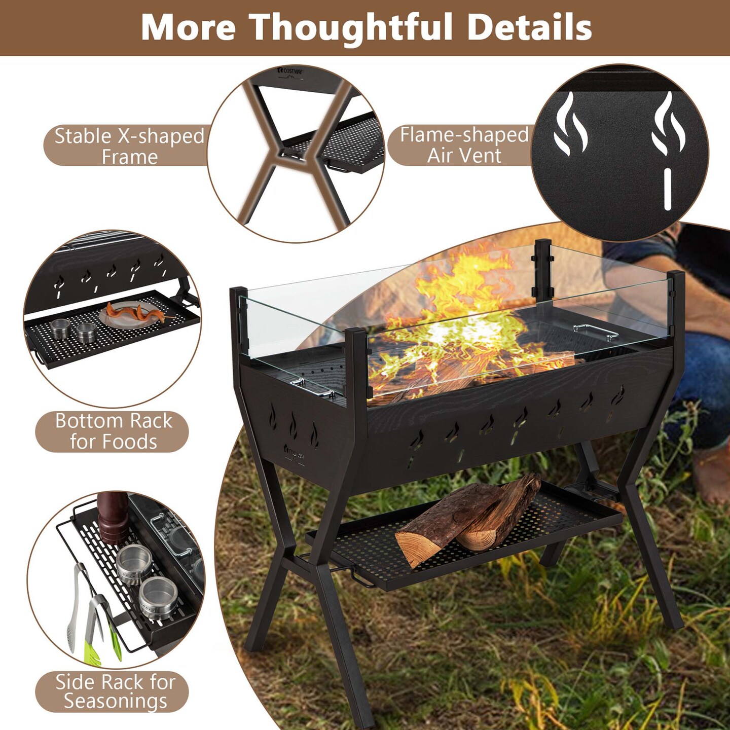 Costway Stainless Steel Barbecue Charcoal Grills with Seasoning Racks &#x26; Storage Shelf