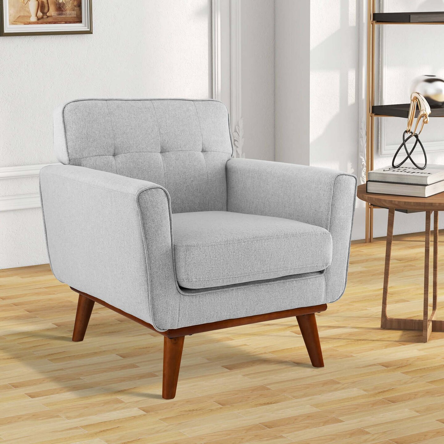 Costway Modern Accent Chair Upholstered Linen Fabric Armchair with Removable Cushion Beige/Grey