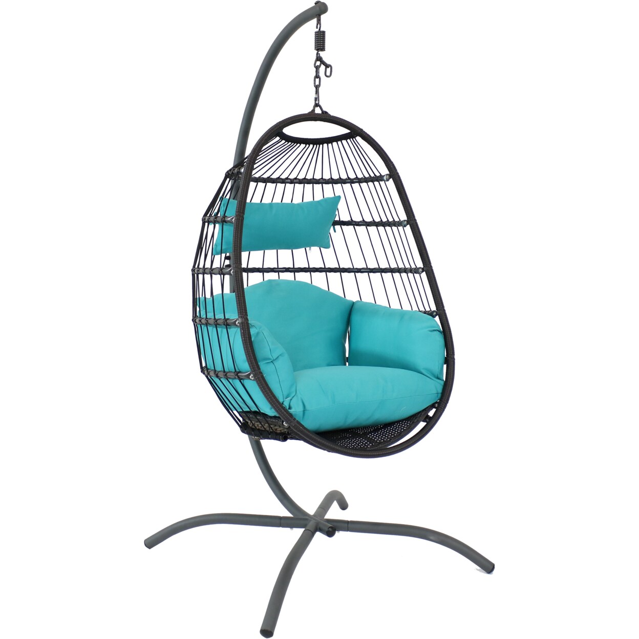 Resin Wicker Hanging Egg Chair With Steel Stand/Cushions - Blue By Sunnydaze