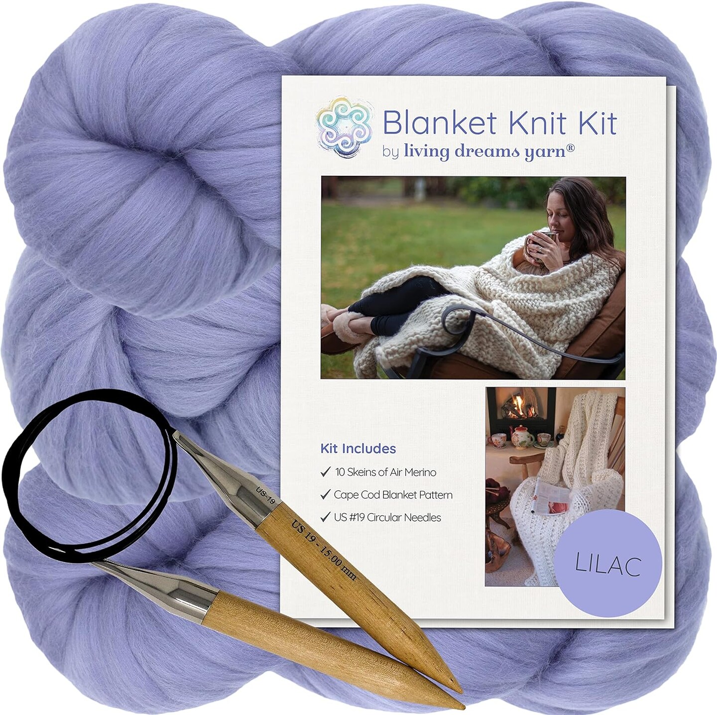 DIY Merino Wool Blanket Knitting Kit: Soft and Thick #7 Weight Jumbo Yarn, Knitting Needles and Pattern. Soft, Cozy, Great for Gifts