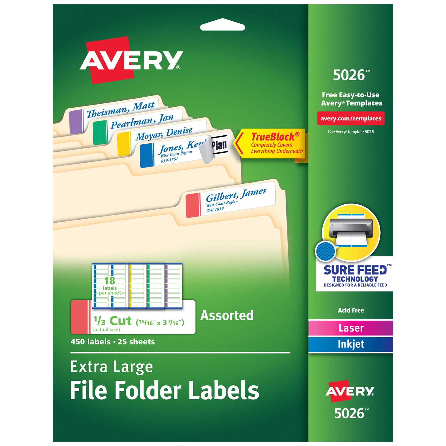 Avery TrueBlock Extra Large File Folder Labels, 15/16" x 3-7/16", 450 Printable Labels, Assorted (5026)