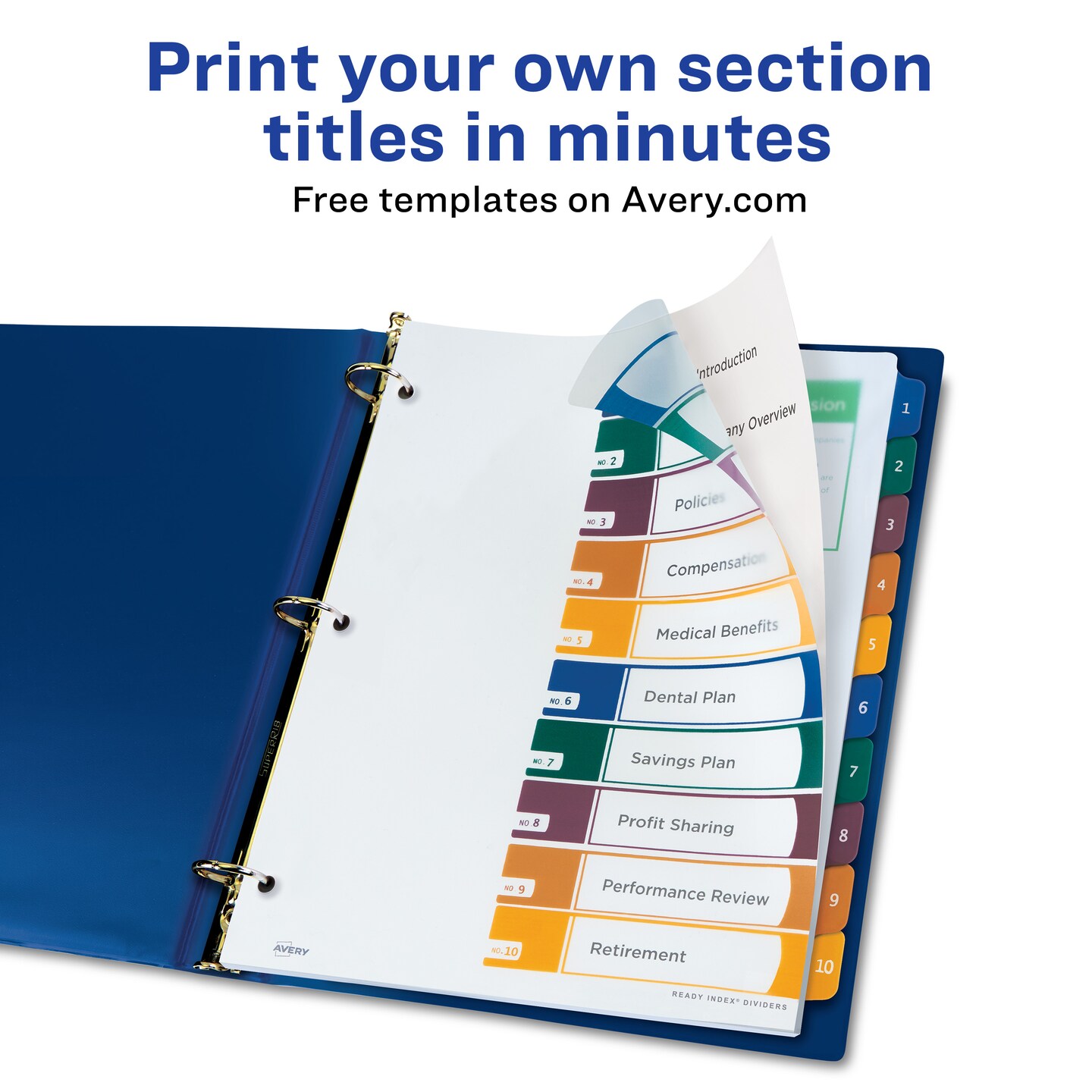 Avery Ready Index Plastic 10 Tab Binder Dividers, Customizable Table of Contents, Multicolor Tabs, 1 Set (11818)